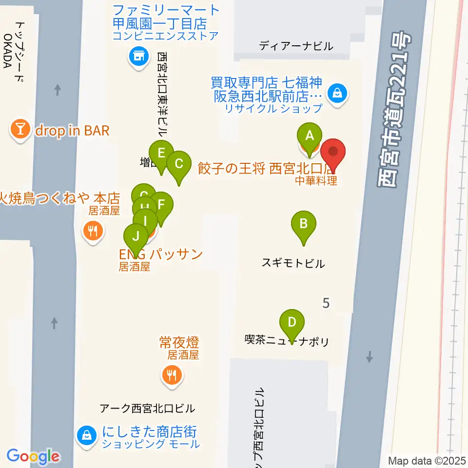 JGSミュージックスクール西宮校周辺のファミレス・ファーストフード一覧地図