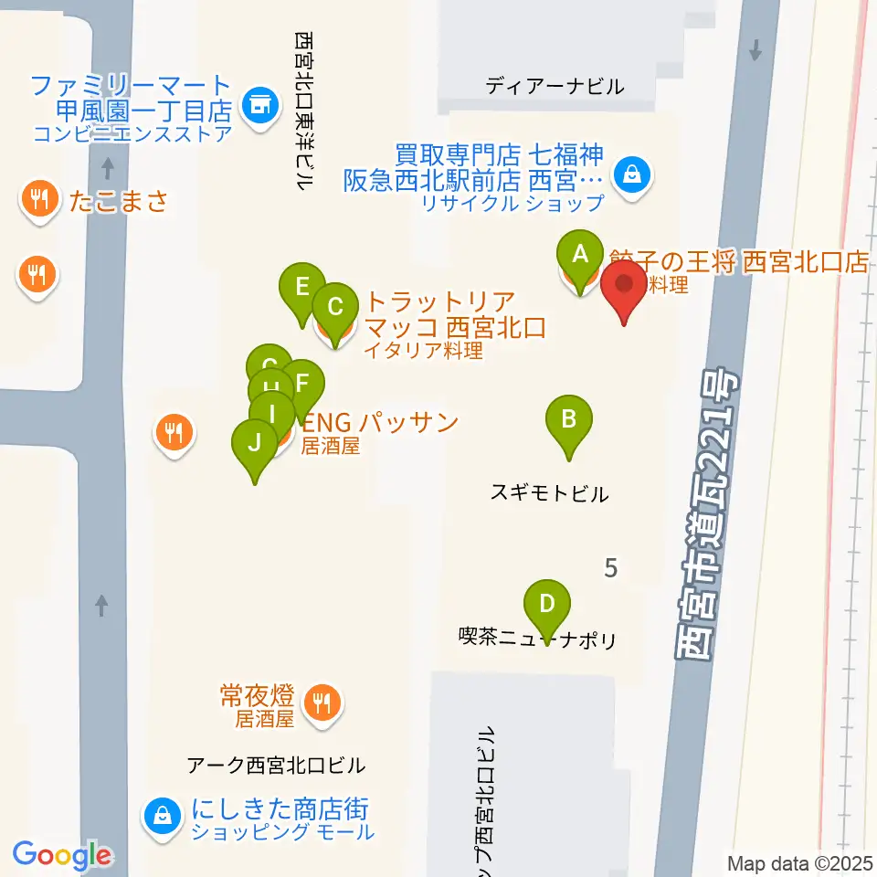 JGSミュージックスクール西宮校周辺のファミレス・ファーストフード一覧地図