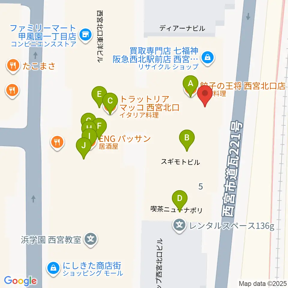 JGSミュージックスクール西宮校周辺のファミレス・ファーストフード一覧地図