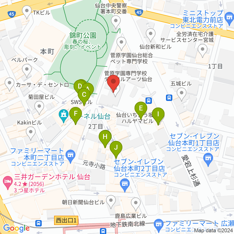専門学校デジタルアーツ仙台周辺のファミレス・ファーストフード一覧地図