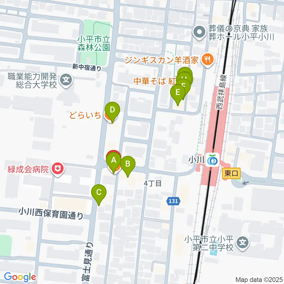 ステラ音楽教室 小川駅前教室周辺のファミレス・ファーストフード一覧地図