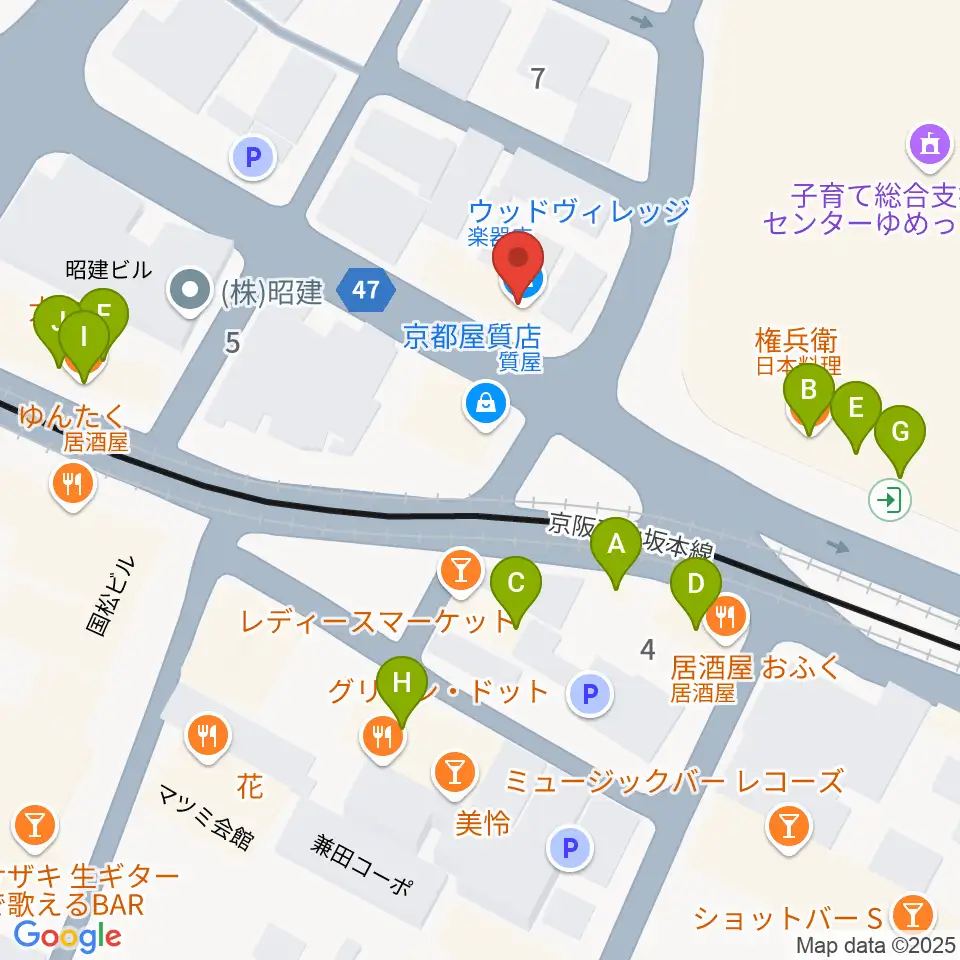 ウッドヴィレッジ中古楽器買取周辺のファミレス・ファーストフード一覧地図
