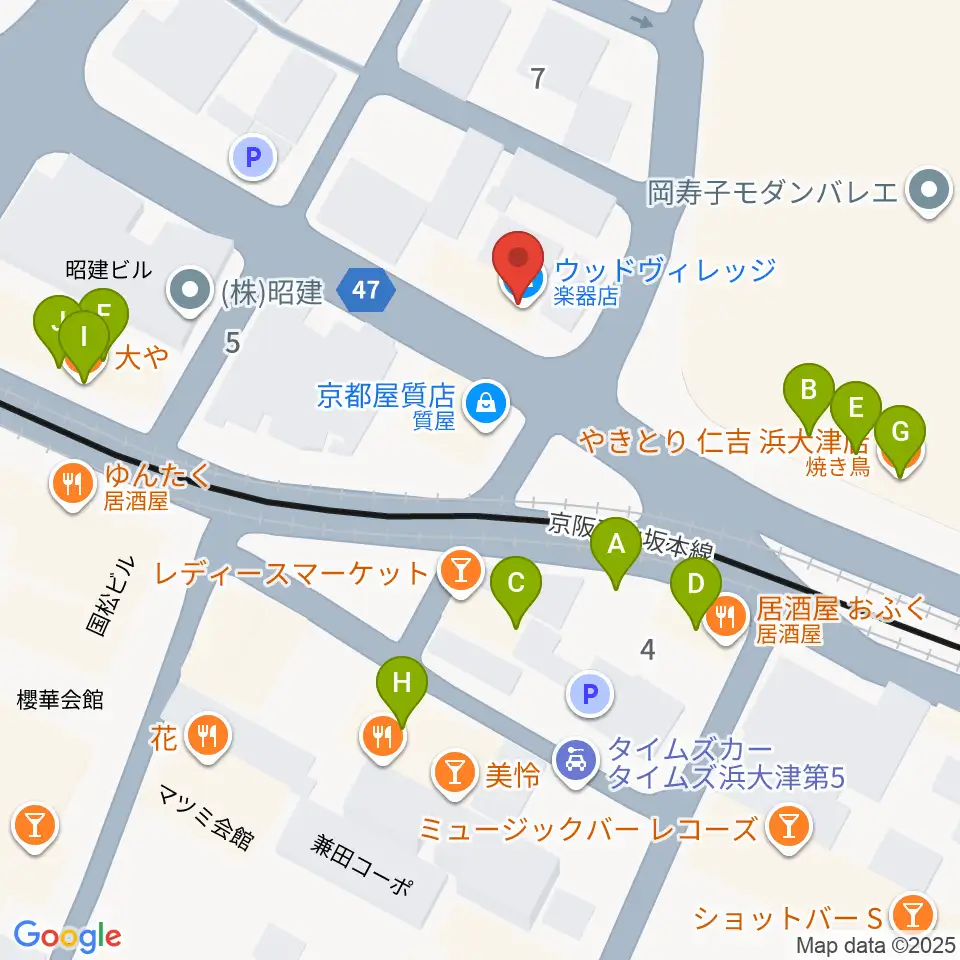 ウッドヴィレッジ中古楽器買取周辺のファミレス・ファーストフード一覧地図