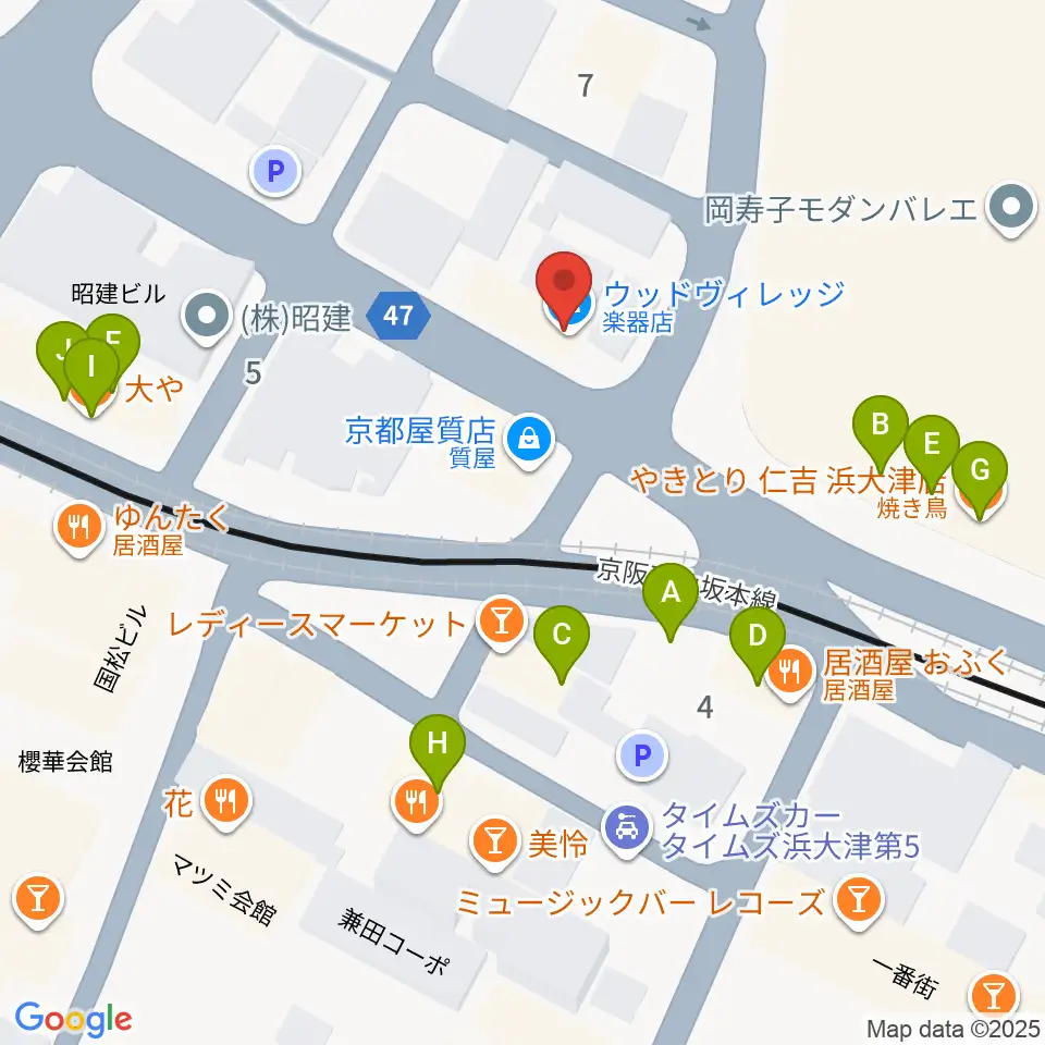 ウッドヴィレッジ中古楽器買取周辺のファミレス・ファーストフード一覧地図