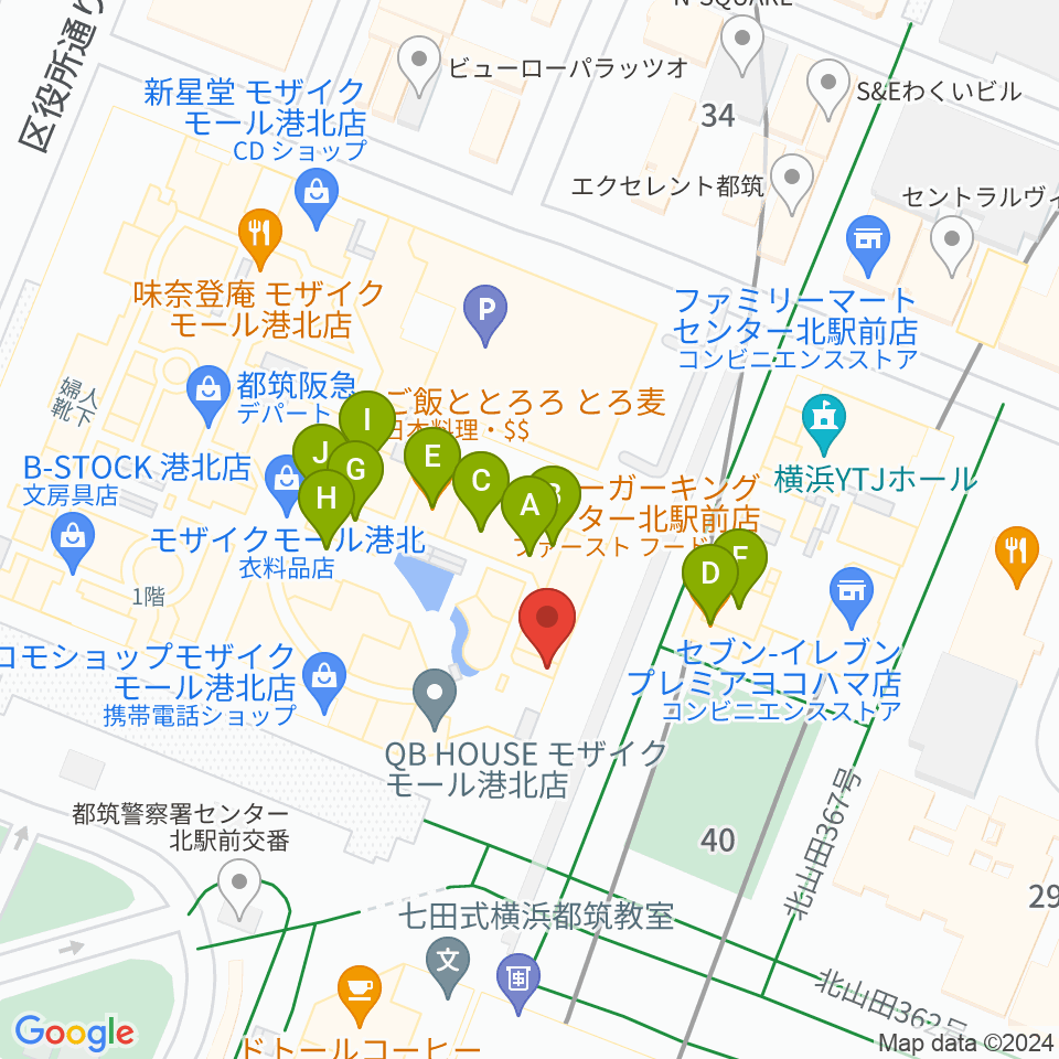 東京音楽学院 モザイクモール港北センター北駅前校周辺のファミレス・ファーストフード一覧地図