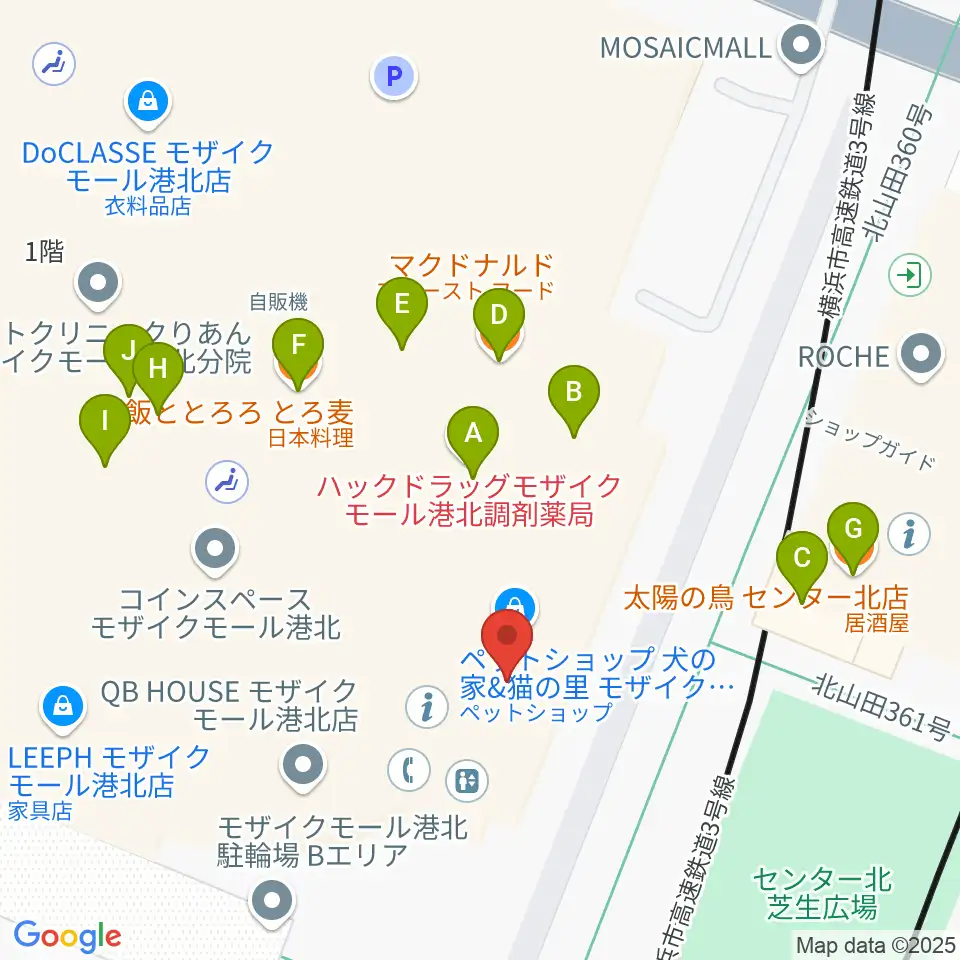 東京音楽学院 モザイクモール港北センター北駅前校周辺のファミレス・ファーストフード一覧地図