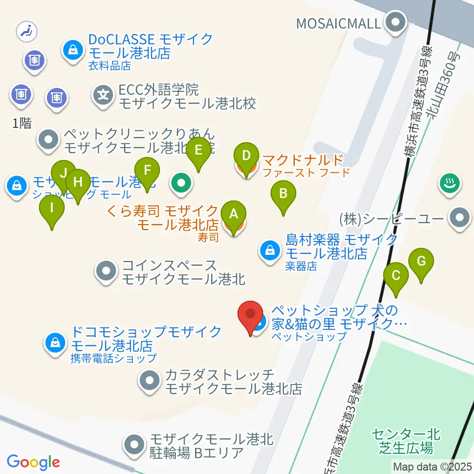 東京音楽学院 モザイクモール港北センター北駅前校周辺のファミレス・ファーストフード一覧地図