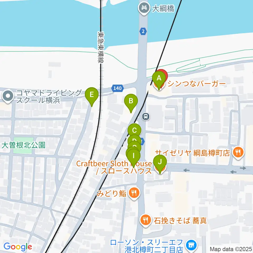 綱島フライドポテト周辺のファミレス・ファーストフード一覧地図