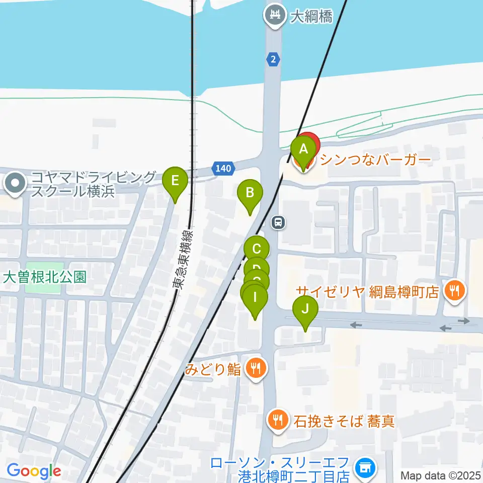 綱島フライドポテト周辺のファミレス・ファーストフード一覧地図