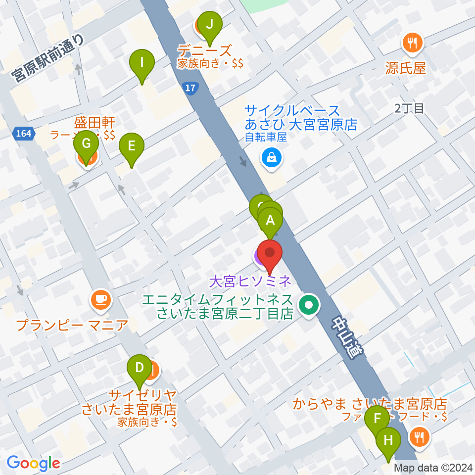 ヒソミネ周辺のファミレス・ファーストフード一覧地図