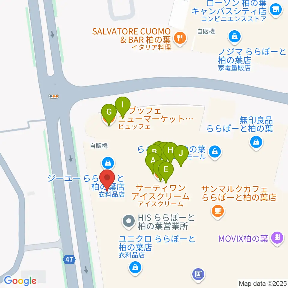 伊藤楽器ららぽーと柏の葉センター周辺のファミレス・ファーストフード一覧地図