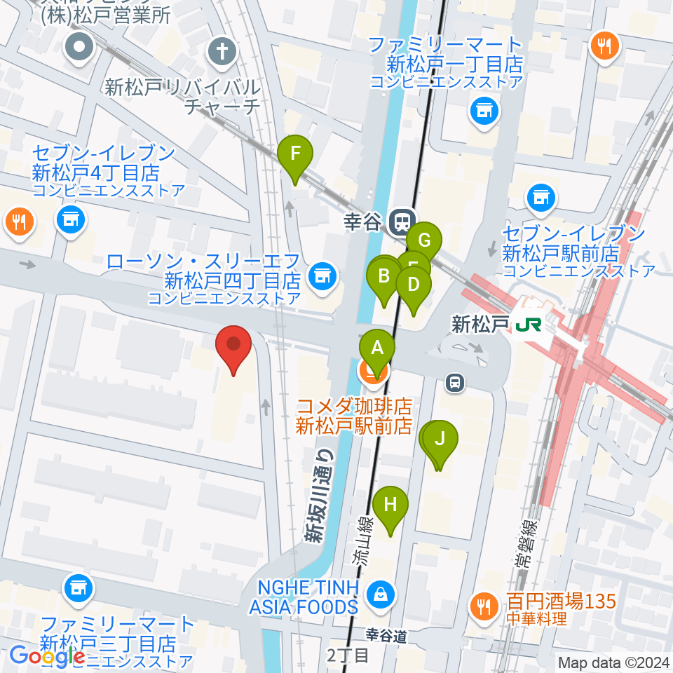 伊藤楽器 新松戸センター周辺のファミレス・ファーストフード一覧地図