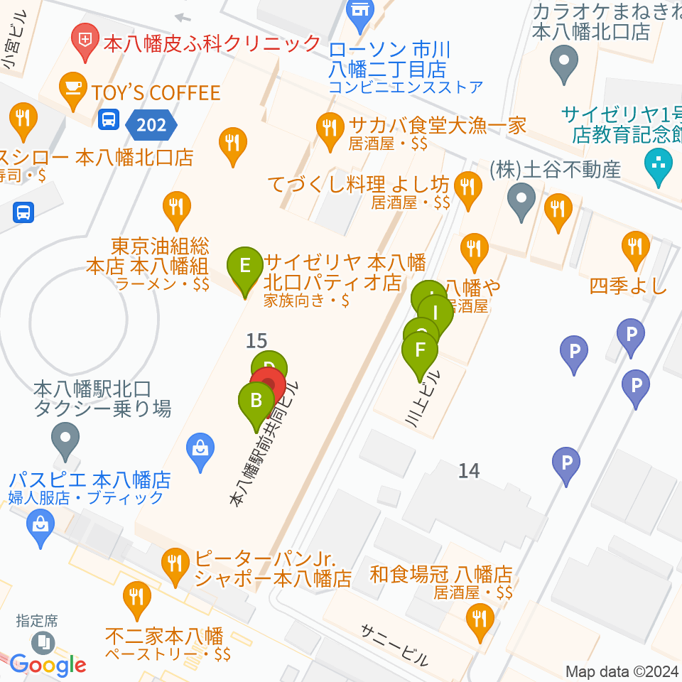 伊藤楽器 本八幡センター周辺のファミレス・ファーストフード一覧地図
