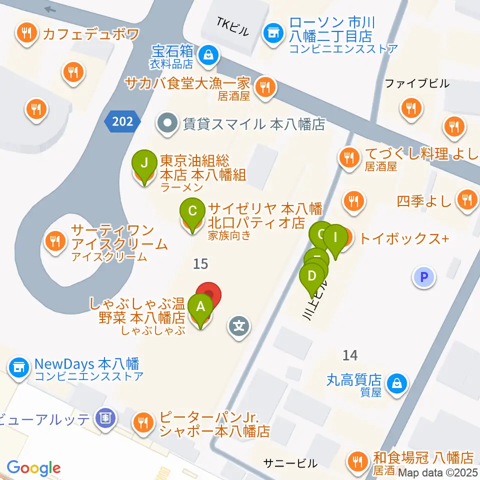 伊藤楽器 本八幡センター周辺のファミレス・ファーストフード一覧地図