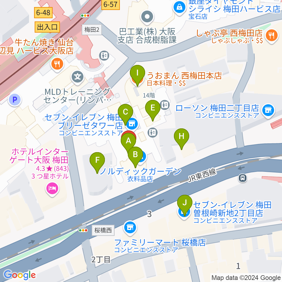 MIKIミュージックサロン西梅田ブリーゼブリーゼ周辺のファミレス・ファーストフード一覧地図