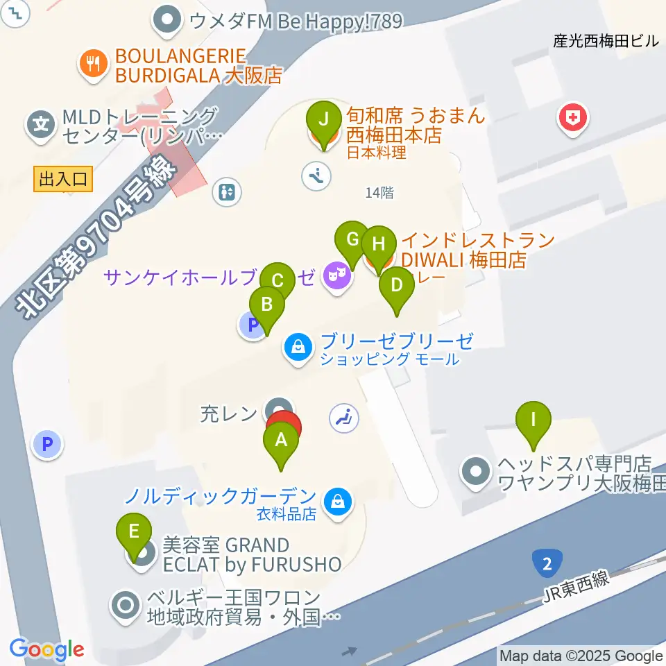 MIKIミュージックサロン西梅田ブリーゼブリーゼ周辺のファミレス・ファーストフード一覧地図