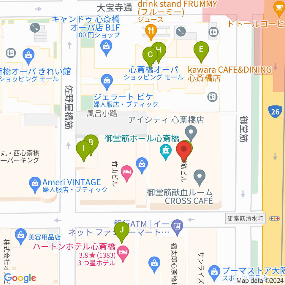 MIKIミュージックサロン心斎橋周辺のファミレス・ファーストフード一覧地図