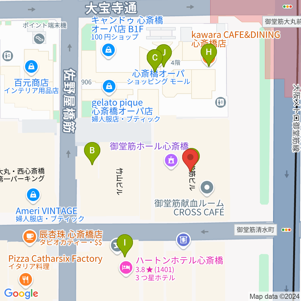 MIKIミュージックサロン心斎橋周辺のファミレス・ファーストフード一覧地図