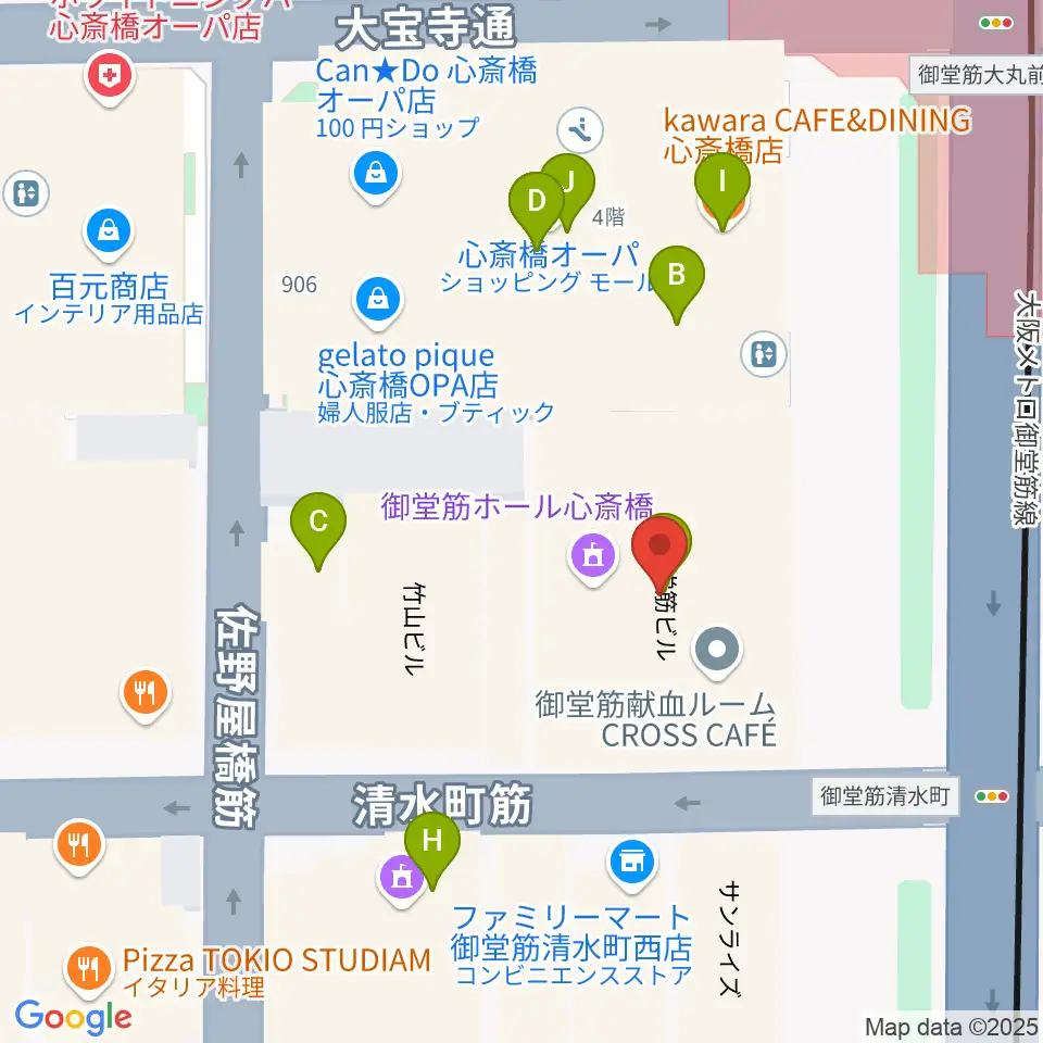 MIKIミュージックサロン心斎橋周辺のファミレス・ファーストフード一覧地図