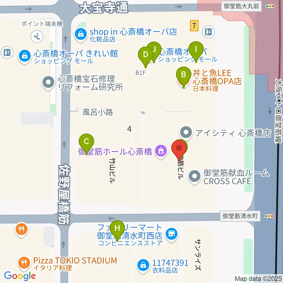 MIKIミュージックサロン心斎橋周辺のファミレス・ファーストフード一覧地図