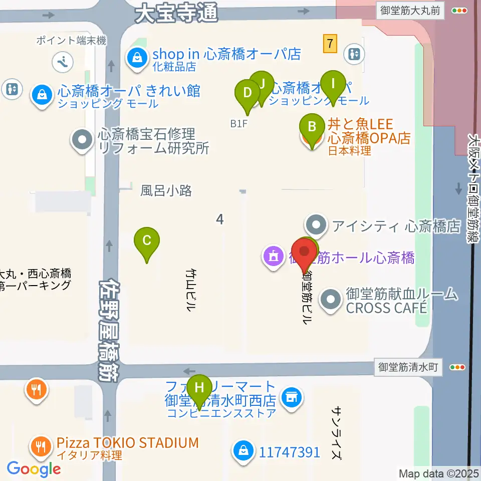 MIKIミュージックサロン心斎橋周辺のファミレス・ファーストフード一覧地図