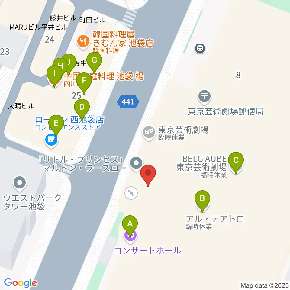 ミュージックスタジオ・フォルテ芸劇店周辺のファミレス・ファーストフード一覧地図