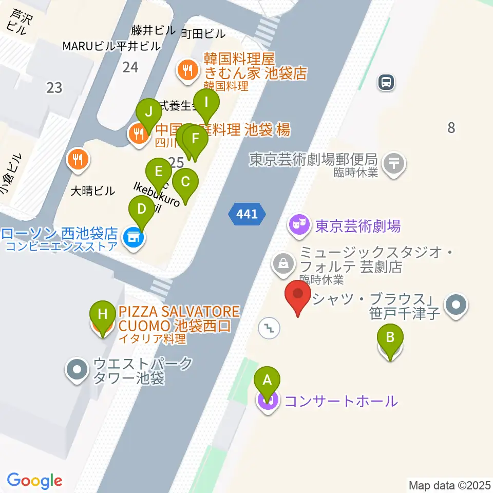 ミュージックスタジオ・フォルテ芸劇店周辺のファミレス・ファーストフード一覧地図