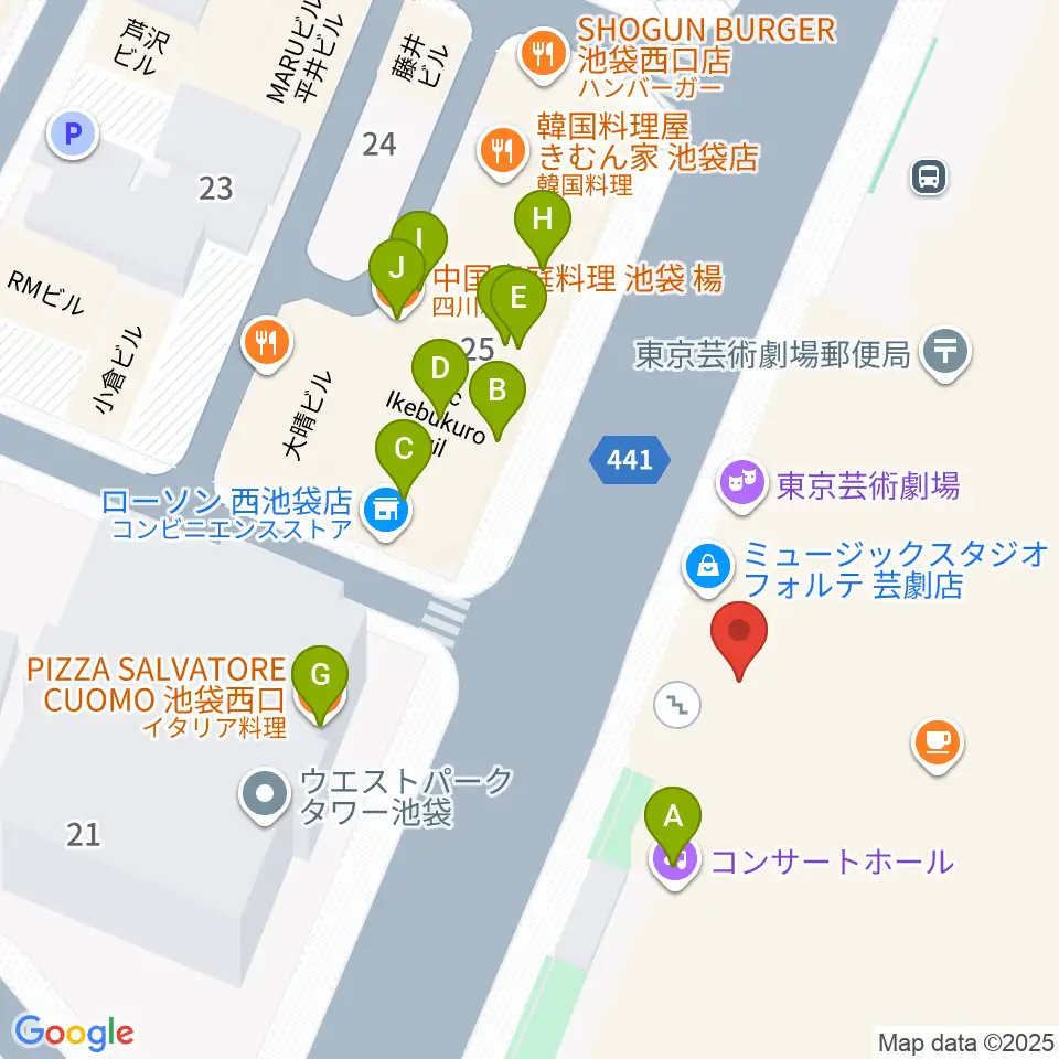ミュージックスタジオ・フォルテ芸劇店周辺のファミレス・ファーストフード一覧地図