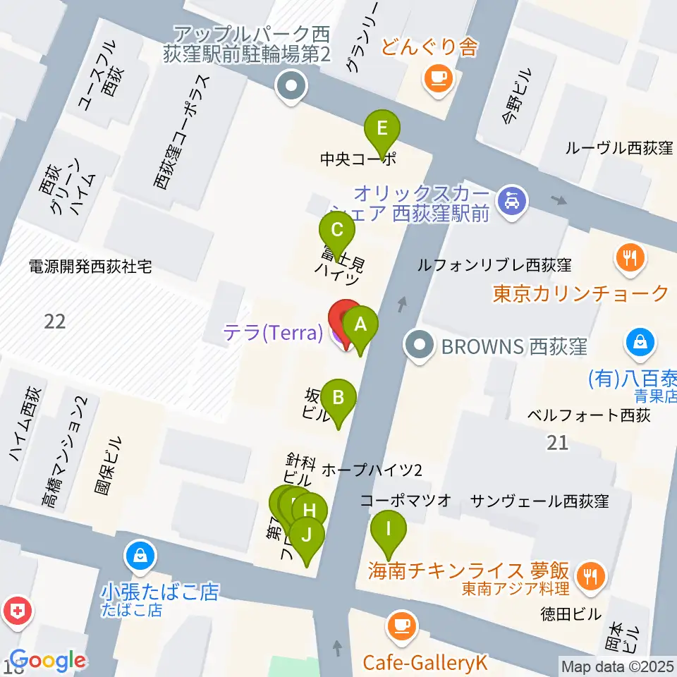 西荻窪テラ周辺のファミレス・ファーストフード一覧地図