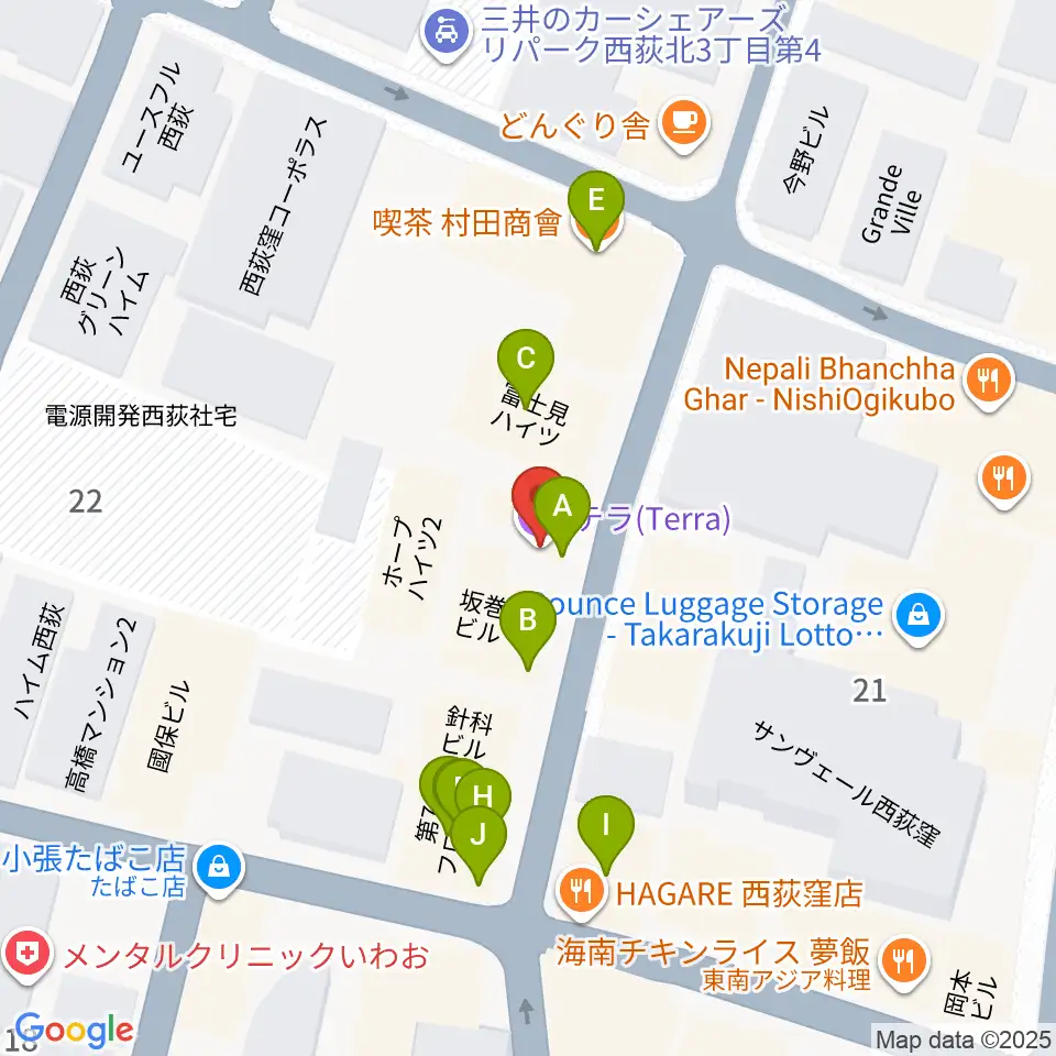 西荻窪テラ周辺のファミレス・ファーストフード一覧地図
