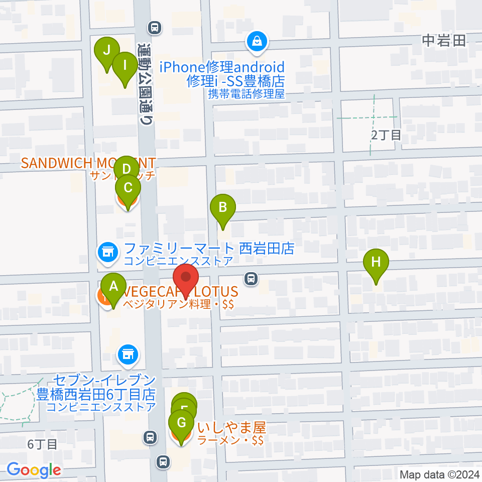 オリエント楽器ミューズフォレスト豊が丘周辺のファミレス・ファーストフード一覧地図