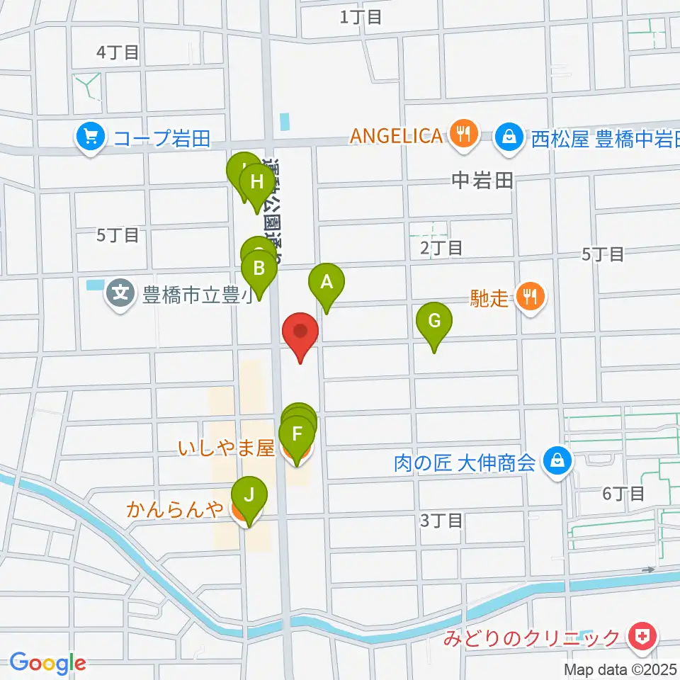 オリエント楽器ミューズフォレスト豊が丘周辺のファミレス・ファーストフード一覧地図