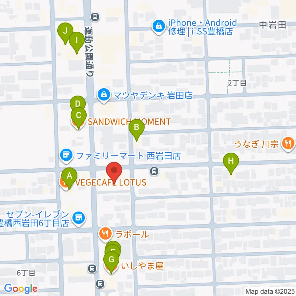 オリエント楽器ミューズフォレスト豊が丘周辺のファミレス・ファーストフード一覧地図
