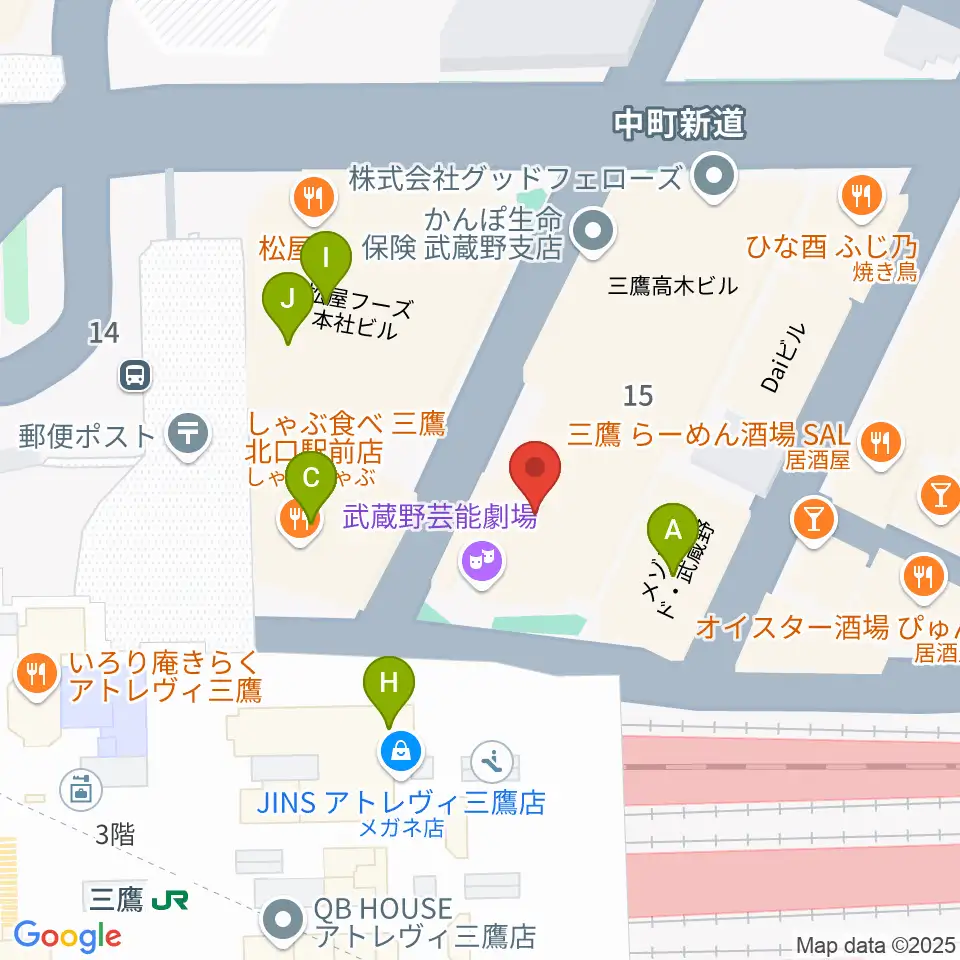 武蔵野芸能劇場周辺のファミレス・ファーストフード一覧地図