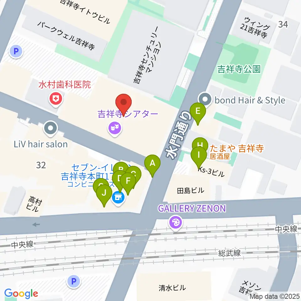 吉祥寺シアター周辺のファミレス・ファーストフード一覧地図