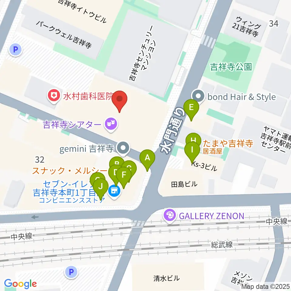 吉祥寺シアター周辺のファミレス・ファーストフード一覧地図