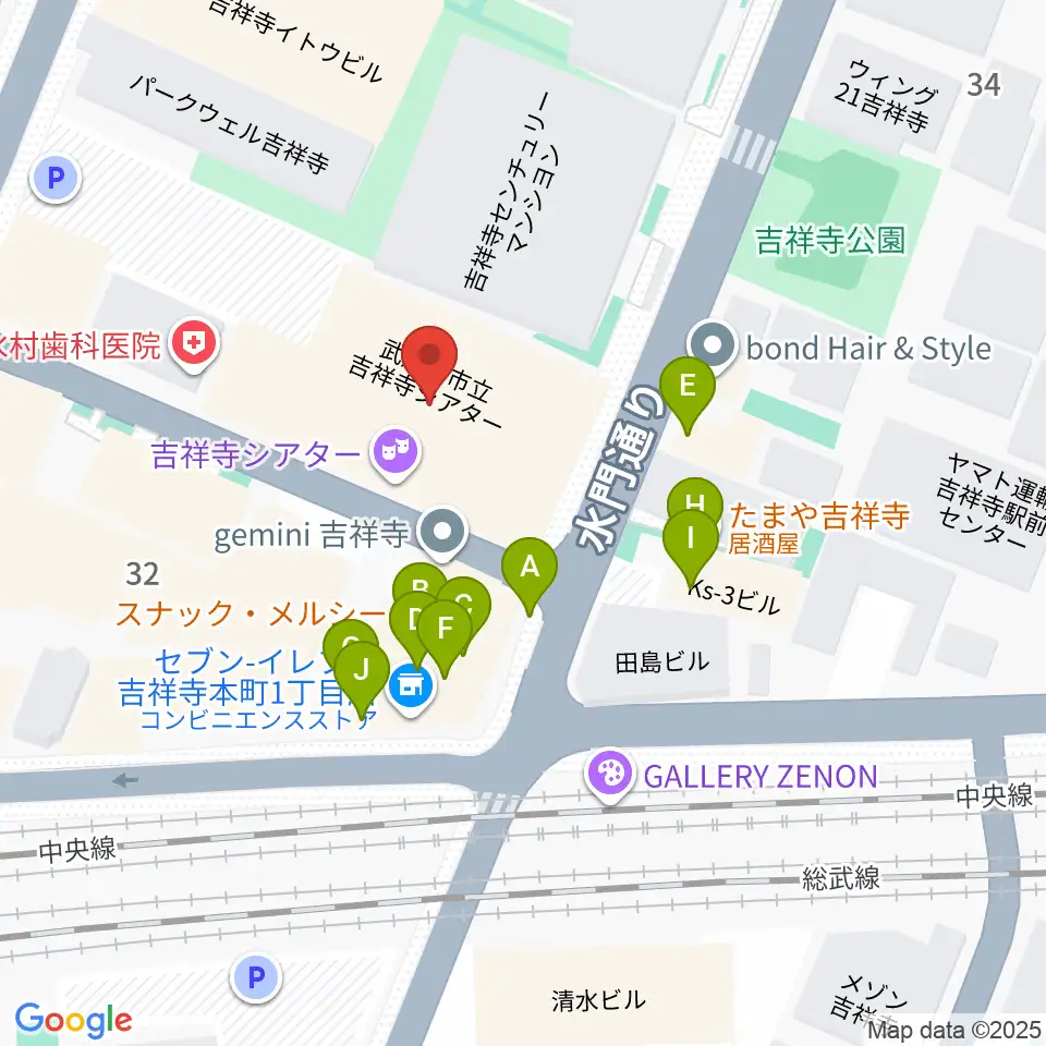 吉祥寺シアター周辺のファミレス・ファーストフード一覧地図