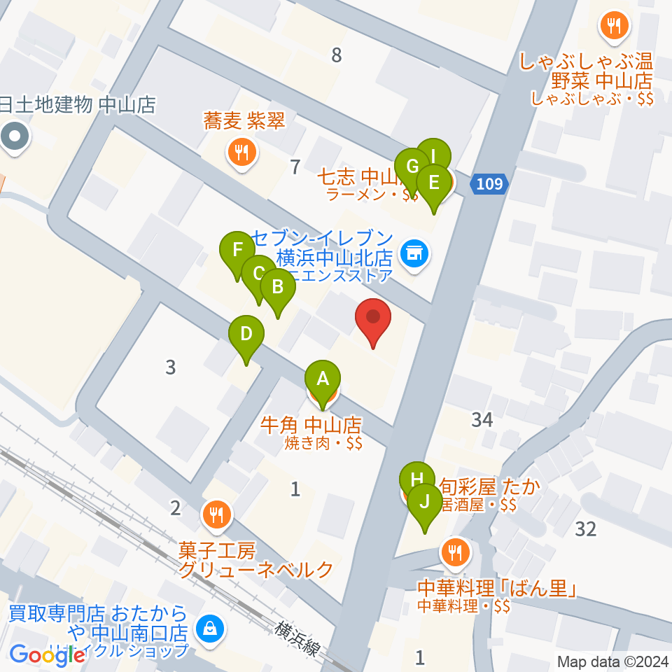 山響楽器店 中山店周辺のファミレス・ファーストフード一覧地図