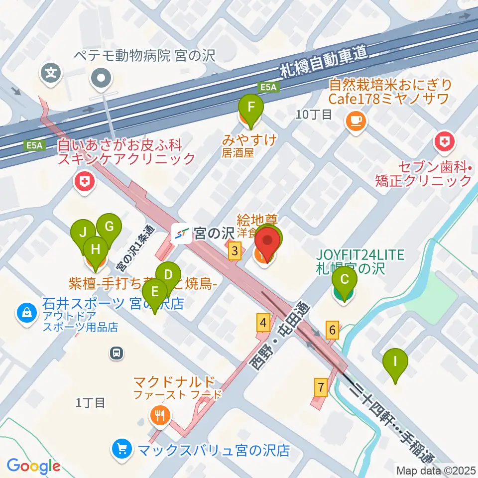 エルム楽器 宮の沢ミュージックセンター周辺のファミレス・ファーストフード一覧地図