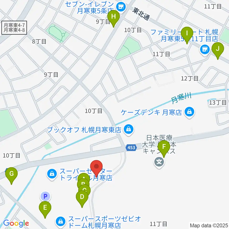 エルム楽器 ブランチ札幌月寒センター周辺のファミレス・ファーストフード一覧地図