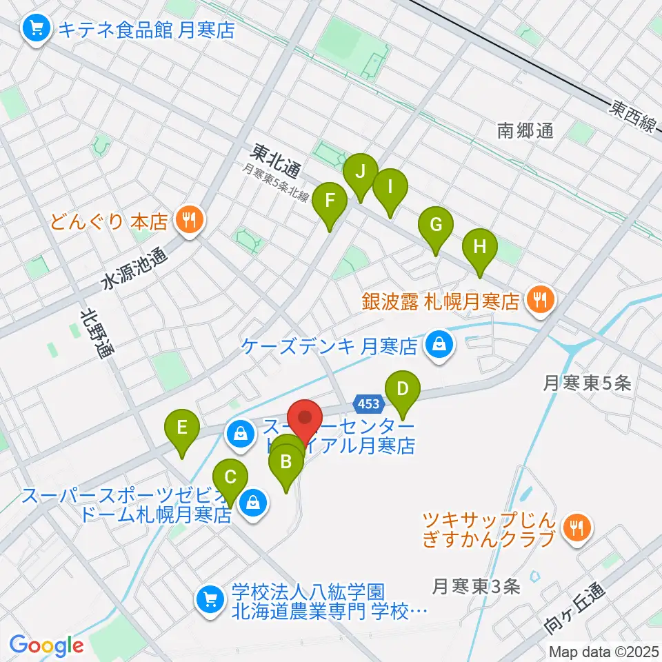 エルム楽器 ブランチ札幌月寒センター周辺のファミレス・ファーストフード一覧地図
