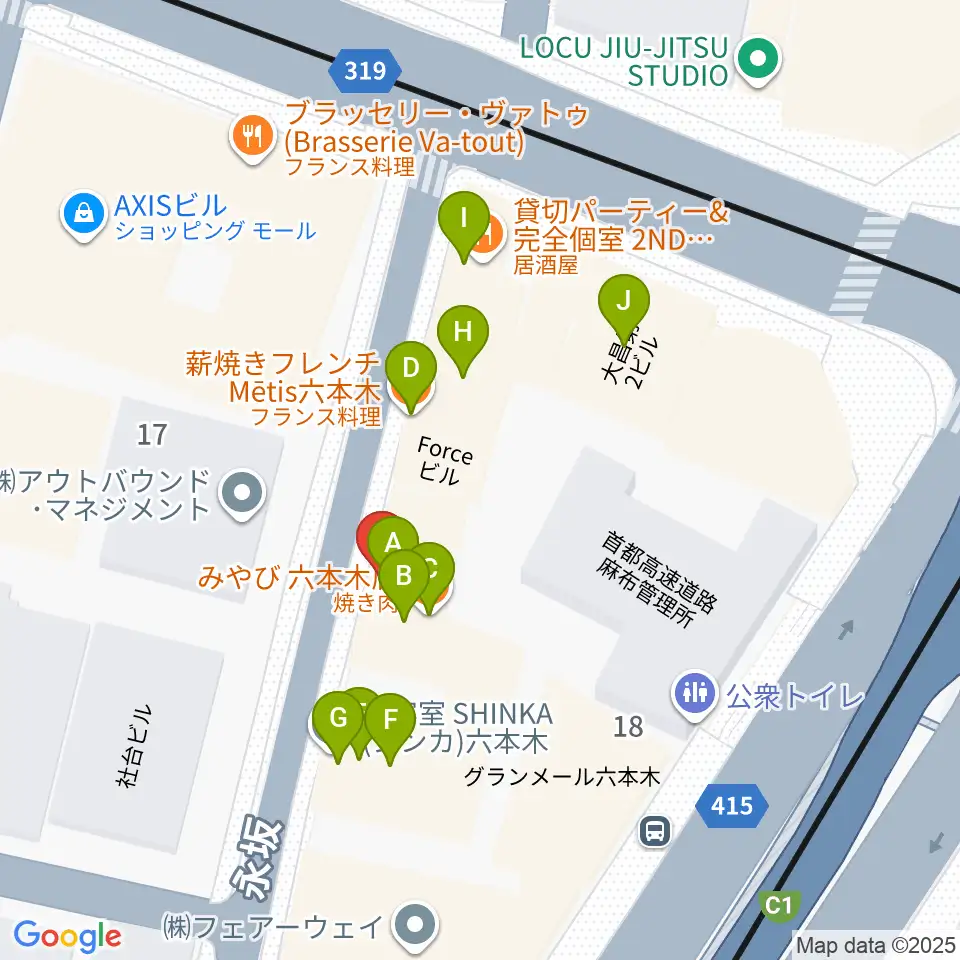 六本木CLUB EDGE周辺のファミレス・ファーストフード一覧地図
