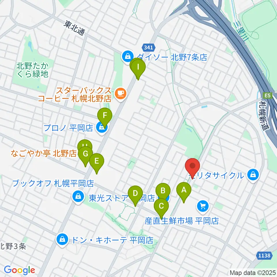 エルム楽器 平岡センター周辺のファミレス・ファーストフード一覧地図