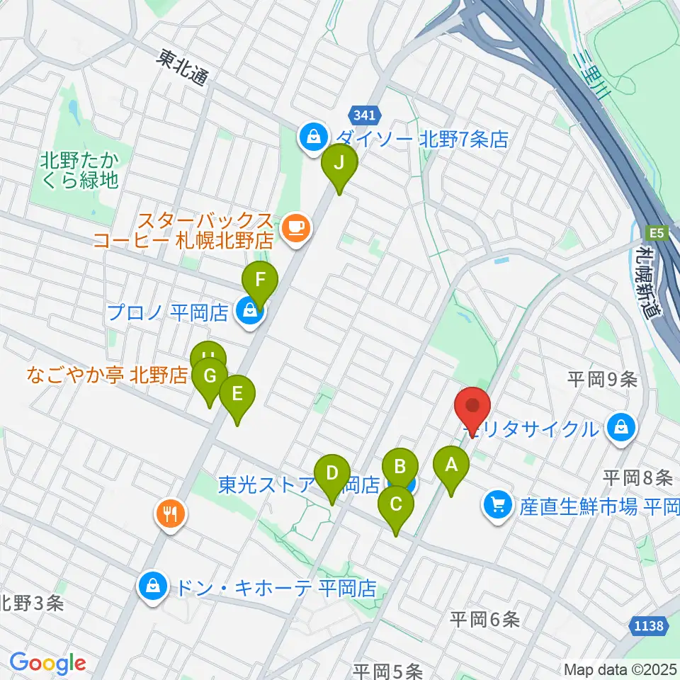 エルム楽器 平岡センター周辺のファミレス・ファーストフード一覧地図