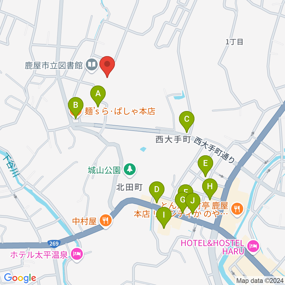 鹿屋市文化会館周辺のファミレス・ファーストフード一覧地図