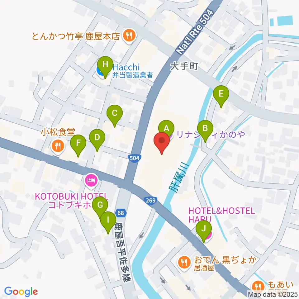 リナシティかのや 鹿屋市市民交流センター周辺のファミレス・ファーストフード一覧地図