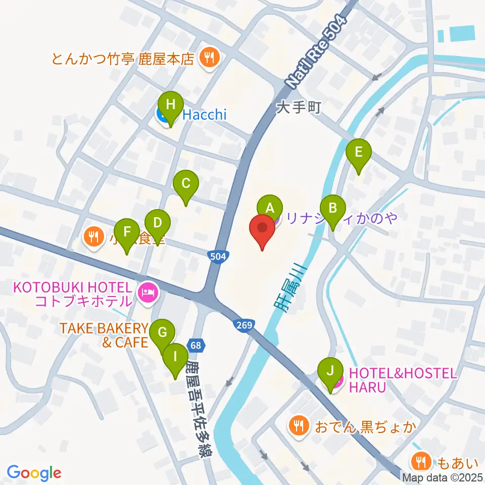 リナシティかのや 鹿屋市市民交流センター周辺のファミレス・ファーストフード一覧地図