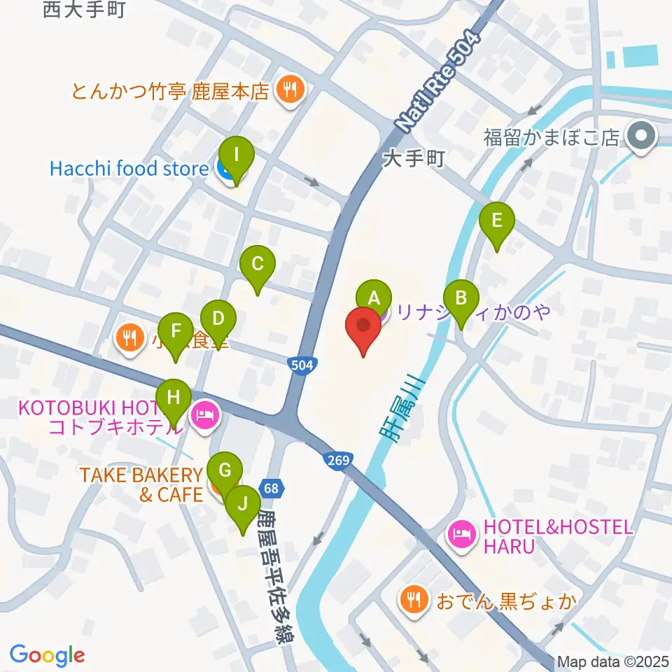 リナシティかのや 鹿屋市市民交流センター周辺のファミレス・ファーストフード一覧地図