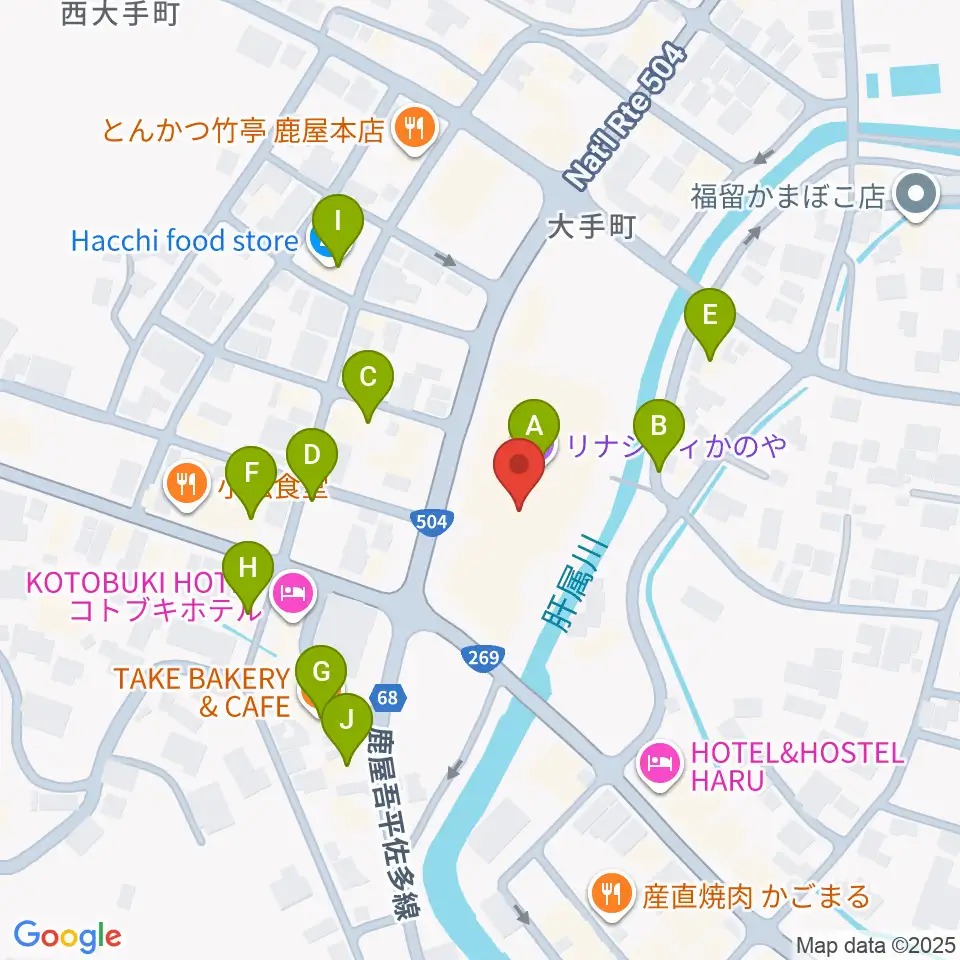 リナシティかのや 鹿屋市市民交流センター周辺のファミレス・ファーストフード一覧地図