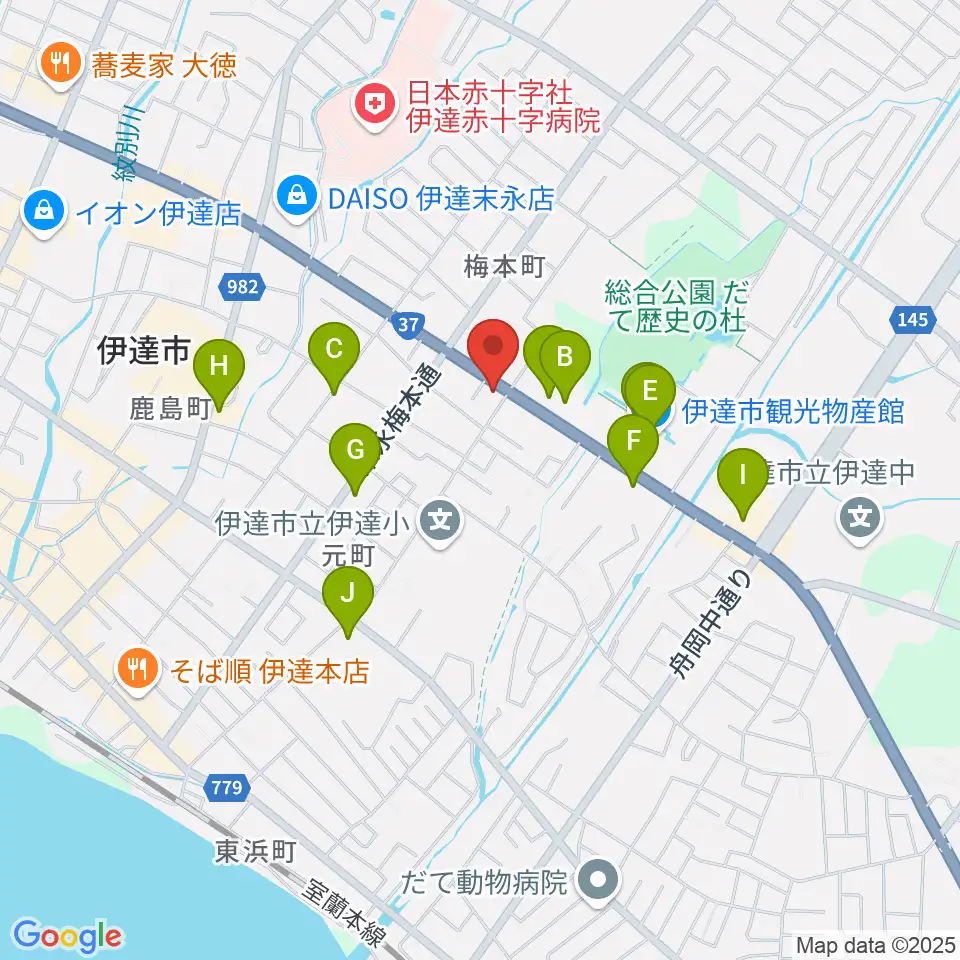 エルム楽器 伊達ミュージックセンター周辺のファミレス・ファーストフード一覧地図